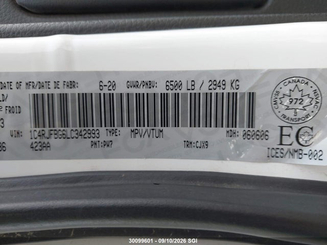 Продаж на аукціоні авто 2020 Jeep Grand Cherokee Limited, vin: 1C4RJFBG6LC342993, номер лоту: 30099601