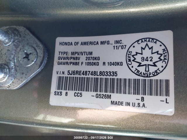 30099722 :رقم المزاد ، 5J6RE48748L803335 vin ، 2008 Honda Cr-v مزاد بيع