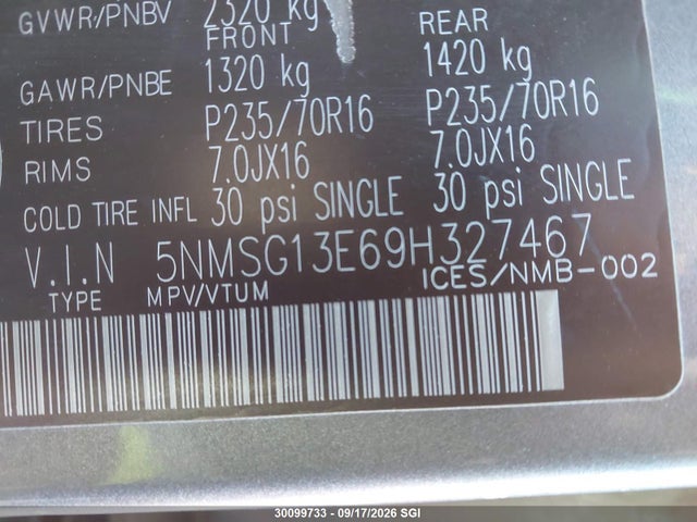 Aukcja sprzedaży 2009 Hyundai Santa Fe Gl, vin: 5NMSG13E69H327467, numer aukcji: 30099733