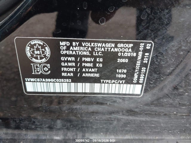 1VWCS7A39GC025252 Volkswagen Passat Sel/sel Premium