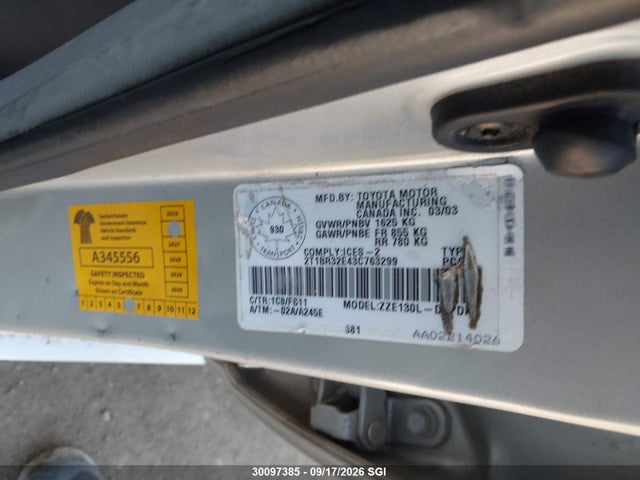 Продажа на аукционе авто 2003 Toyota Corolla Ce/le/s, vin: 2T1BR32E43C763299, номер лота: 30097385