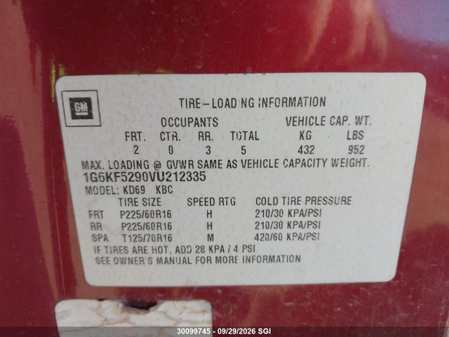 30099745 :رقم المزاد ، 1G6KF5290VU212335 vin ، 1997 Cadillac Deville Concours مزاد بيع
