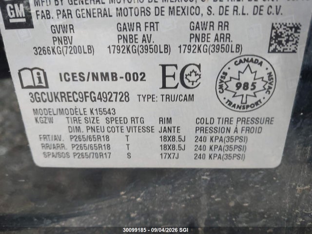 2015 Chevrolet Silverado K1500 Lt მანქანა იყიდება აუქციონზე, vin: 3GCUKREC9FG492728, აუქციონის ნომერი: 30099185