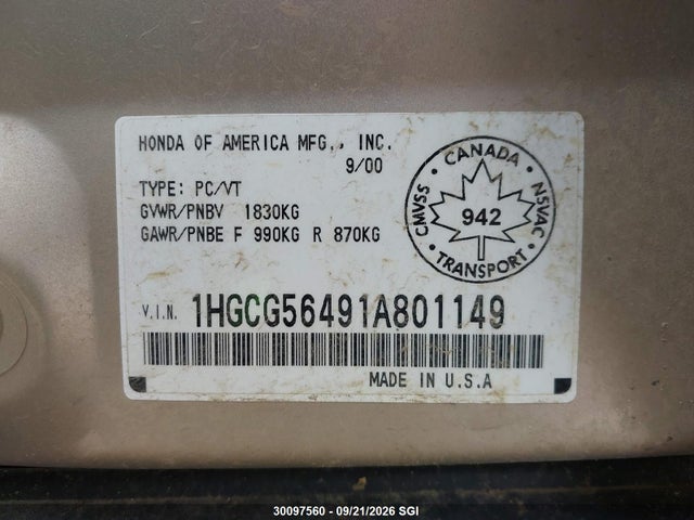 Aukcja sprzedaży 2001 Honda Accord Lx, vin: 1HGCG56491A801149, numer aukcji: 30097560