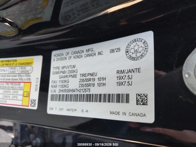 Продаж на аукціоні авто 2026 Honda Cr-v Sport Touring, vin: 2HKRS6H94TH212575, номер лоту: 30098930