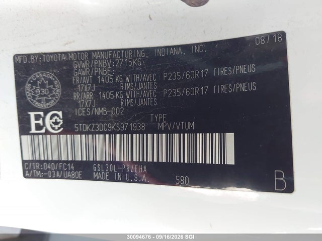 2019 Toyota Sienna Le 8-passenger მანქანა იყიდება აუქციონზე, vin: 5TDKZ3DC9KS971938, აუქციონის ნომერი: 30094676