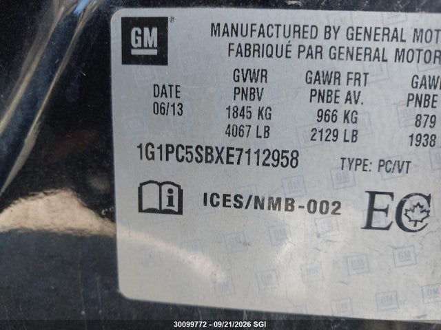 30099772 :رقم المزاد ، 1G1PC5SBXE7112958 vin ، 2014 Chevrolet Cruze Lt مزاد بيع