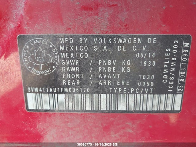Auction sale of the 2015 Volkswagen Gti, vin: 3VW4T7AU1FM006170, lot number: 30095775