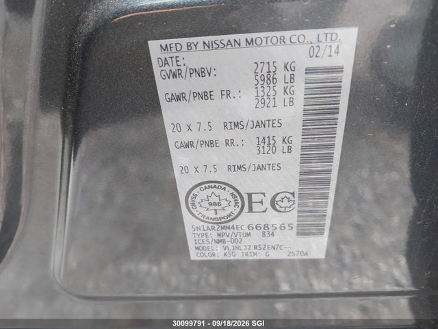 30099791 :رقم المزاد ، 5N1AR2MM4EC668565 vin ، 2014 Nissan Pathfinder Platinum/s/sl/sv مزاد بيع