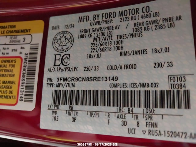 2025 Ford Bronco Sport Outer Banks მანქანა იყიდება აუქციონზე, vin: 3FMCR9CN8SRE13149, აუქციონის ნომერი: 30099798
