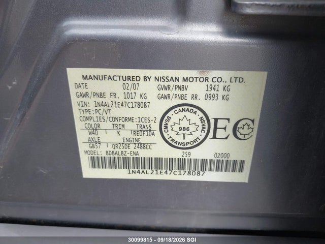 Продажа на аукционе авто 2007 Nissan Altima 2.5 S, vin: 1N4AL21E47C178087, номер лота: 30099815