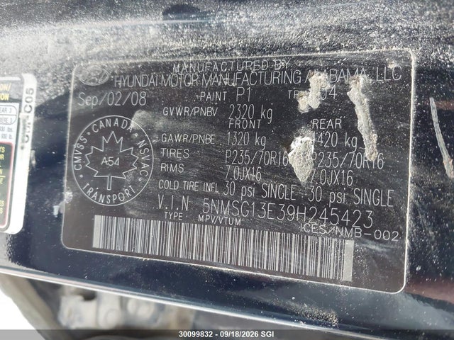 Aukcja sprzedaży 2009 Hyundai Santa Fe Gl, vin: 5NMSG13E39H245423, numer aukcji: 30099832