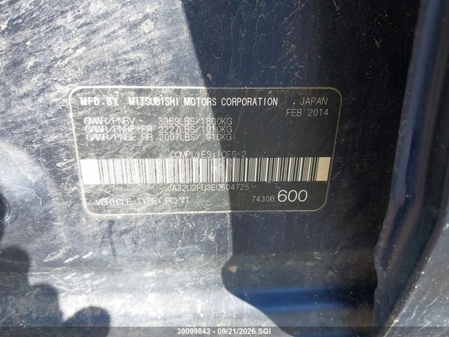 2014 Mitsubishi Lancer Es/es Sport მანქანა იყიდება აუქციონზე, vin: JA32U2FU3EU604725, აუქციონის ნომერი: 30099842