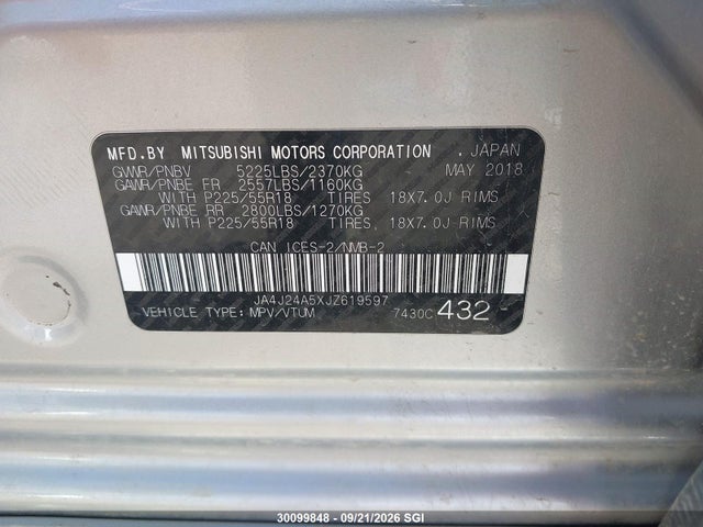Aukcja sprzedaży 2018 Mitsubishi Outlander Se/gt, vin: JA4J24A5XJZ619597, numer aukcji: 30099848