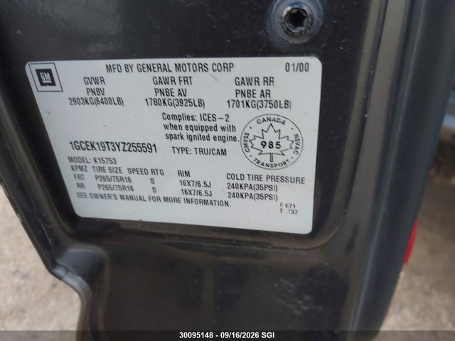 Aukcja sprzedaży 2000 Chevrolet Silverado K1500, vin: 1GCEK19T3YZ255591, numer aukcji: 30095148