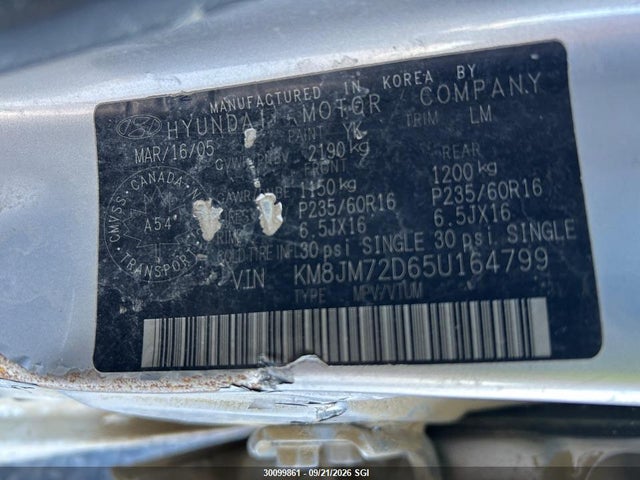 2005 Hyundai Tucson Gl მანქანა იყიდება აუქციონზე, vin: KM8JM72D65U164799, აუქციონის ნომერი: 30099861