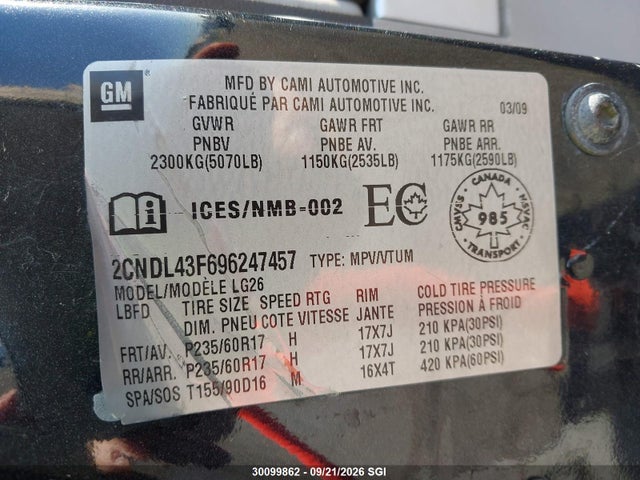 Продажа на аукционе авто 2009 Chevrolet Equinox Lt, vin: 2CNDL43F696247457, номер лота: 30099862