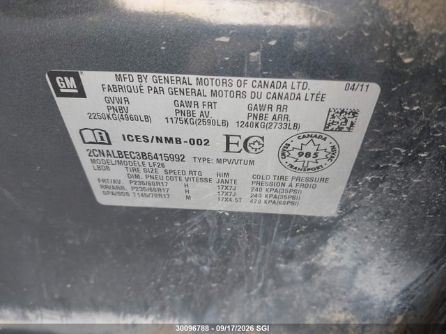 Aukcja sprzedaży 2011 Chevrolet Equinox Ls, vin: 2CNALBEC3B6415992, numer aukcji: 30096788
