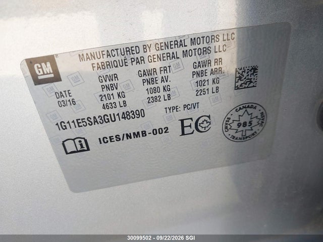 Auction sale of the 2016 Chevrolet Malibu Limited Ltz, vin: 1G11E5SA3GU148390, lot number: 30099502