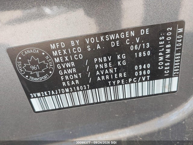 30099377 :رقم المزاد ، 3VW2K7AJ7DM318037 vin ، 2013 Volkswagen Jetta S مزاد بيع