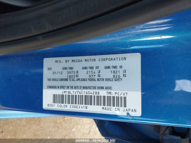Aukcja sprzedaży 2012 Mazda 3 I, vin: JM1BL1V76C1604288, numer aukcji: 30099900