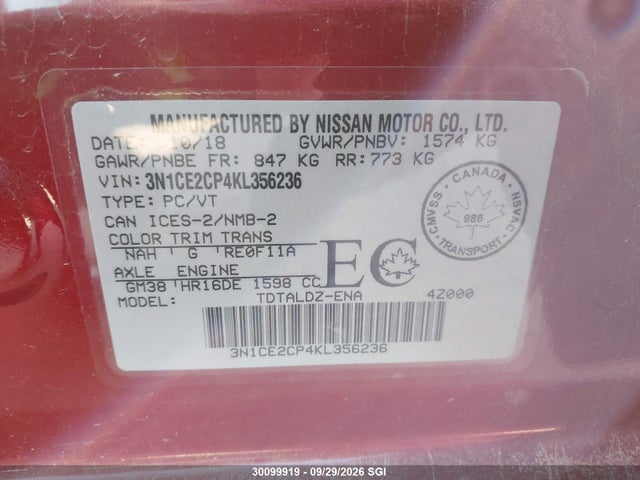2019 Nissan Versa Note S/sr/sv მანქანა იყიდება აუქციონზე, vin: 3N1CE2CP4KL356236, აუქციონის ნომერი: 30099919