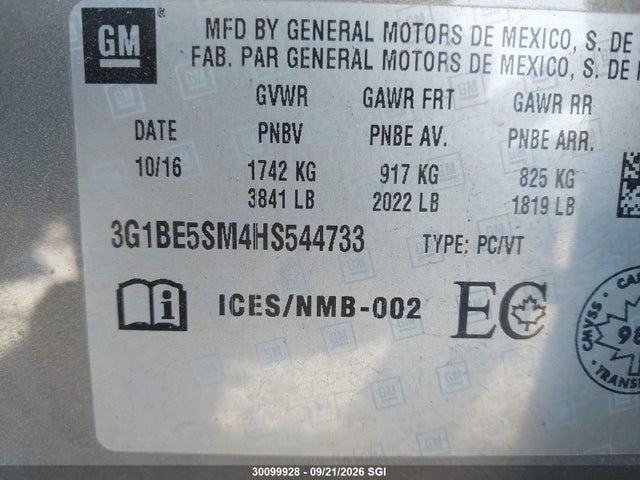 Aukcja sprzedaży 2017 Chevrolet Cruze Lt, vin: 3G1BE5SM4HS544733, numer aukcji: 30099928