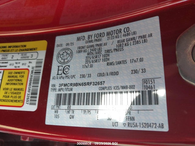 30099938 :رقم المزاد ، 3FMCR9BN6SRF32657 vin ، 2025 Ford Bronco Sport Big Bend مزاد بيع