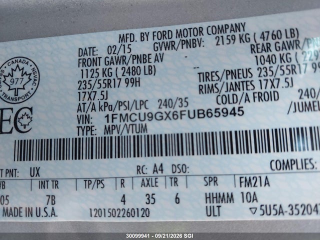 Продаж на аукціоні авто 2015 Ford Escape Se, vin: 1FMCU9GX6FUB65945, номер лоту: 30099941