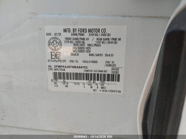 30099943 :رقم المزاد ، 2FMPK4J97NBA84753 vin ، 2022 Ford Edge St Line مزاد بيع