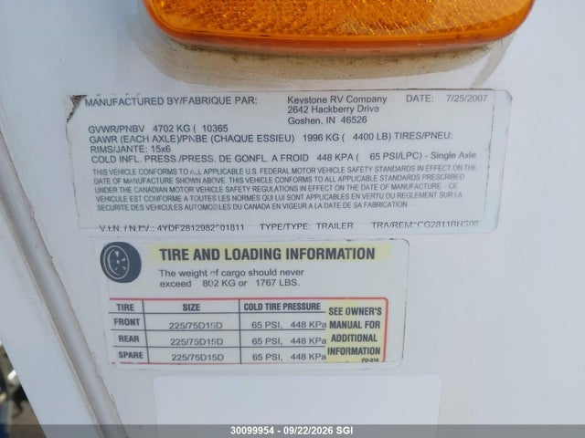 Aukcja sprzedaży 2008 Keystone Cougar, vin: 4YDF2812982501811, numer aukcji: 30099954