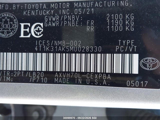Aukcja sprzedaży 2021 Toyota Camry Xse, vin: 4T1K31AK5MU028330, numer aukcji: 30099970
