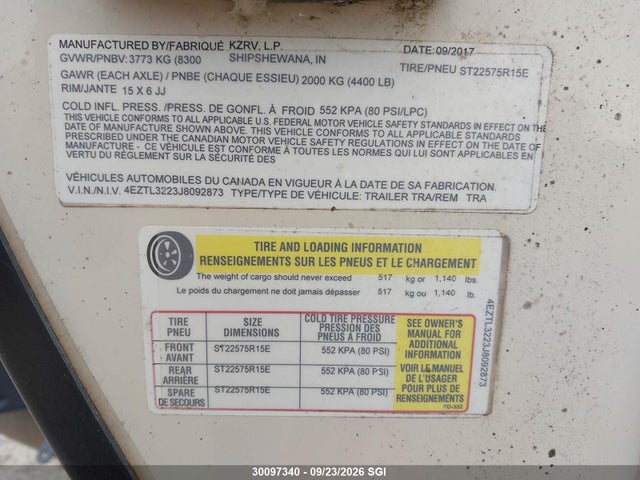 Продажа на аукционе авто 2018 Kz Inc. Connect Se Se, vin: 4EZTL3223J8092873, номер лота: 30097340