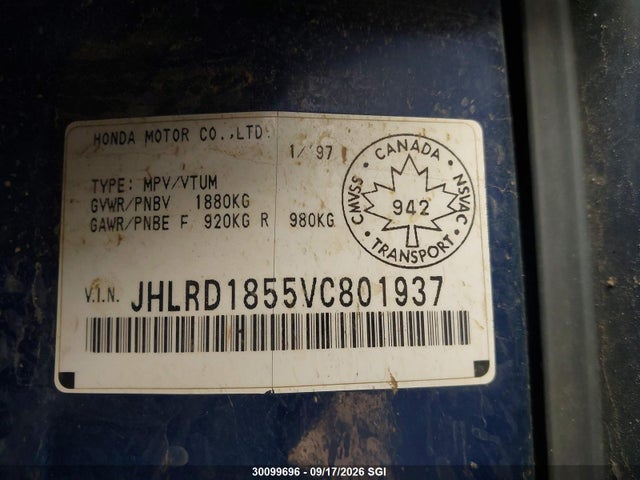 30099696 :رقم المزاد ، JHLRD1855VC801937 vin ، 1997 Honda Cr-v Lx مزاد بيع