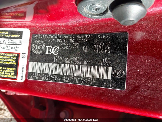 2018 Toyota Camry L/le/xle/se/xse მანქანა იყიდება აუქციონზე, vin: 4T1B11HKXJU591008, აუქციონის ნომერი: 30099988
