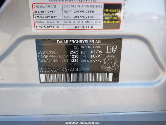 Aukcja sprzedaży 2007 Mercedes-benz S 550, vin: WDDNG71X67A044228, numer aukcji: 30099992