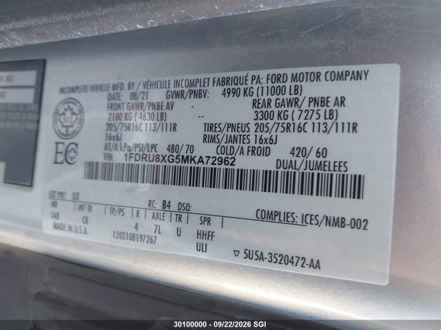 2021 Ford Transit T-350 Hd მანქანა იყიდება აუქციონზე, vin: 1FDRU8XG5MKA72962, აუქციონის ნომერი: 30100000