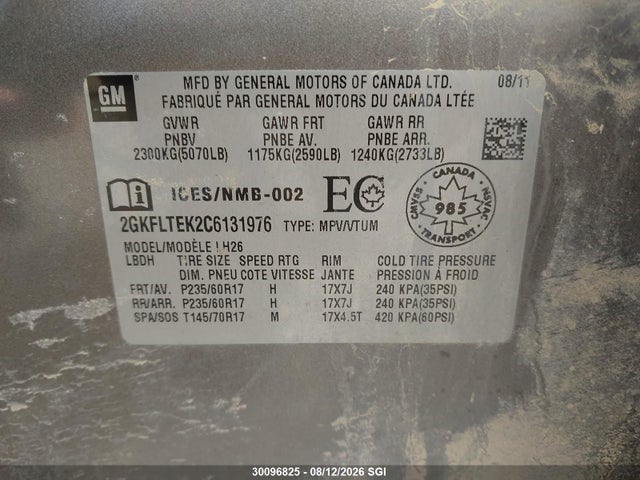 30096825 :رقم المزاد ، 2GKFLTEK2C6131976 vin ، 2012 Gmc Terrain Sle مزاد بيع