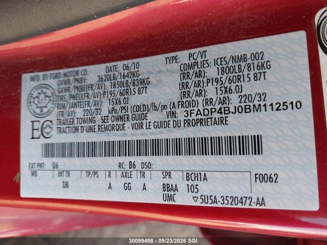 2011 Ford Fiesta Se მანქანა იყიდება აუქციონზე, vin: 3FADP4BJ0BM112510, აუქციონის ნომერი: 30099498