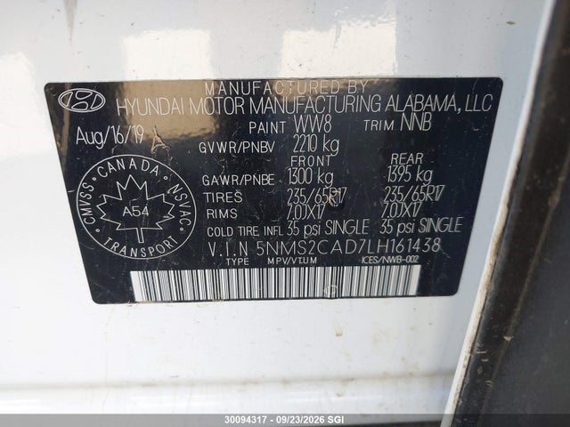 Aukcja sprzedaży 2020 Hyundai Santa Fe Se, vin: 5NMS2CAD7LH161438, numer aukcji: 30094317