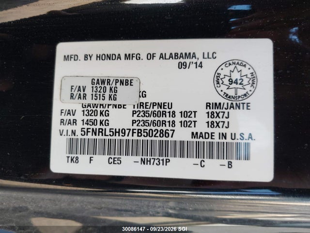 Aukcja sprzedaży 2015 Honda Odyssey Touring/touring Elite, vin: 5FNRL5H97FB502867, numer aukcji: 30086147