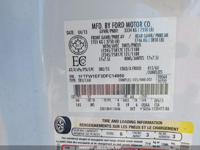 2013 Ford F150 Supercrew მანქანა იყიდება აუქციონზე, vin: 1FTFW1EF3DFC14950, აუქციონის ნომერი: 30095037