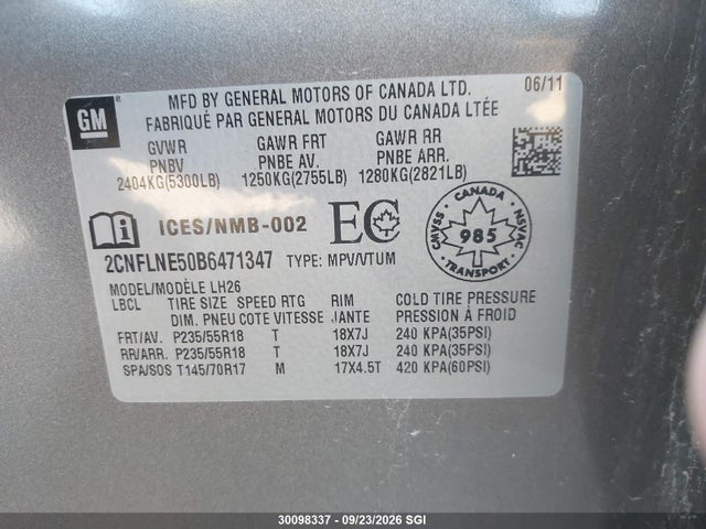 Aukcja sprzedaży 2011 Chevrolet Equinox Lt, vin: 2CNFLNE50B6471347, numer aukcji: 30098337
