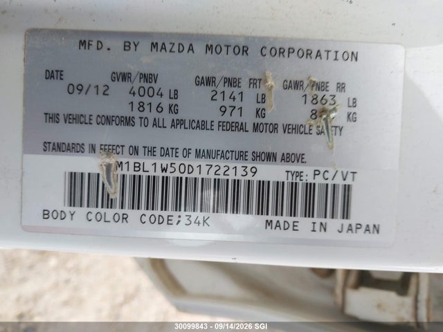Aukcja sprzedaży 2013 Mazda 3 S, vin: JM1BL1W50D1722139, numer aukcji: 30099843