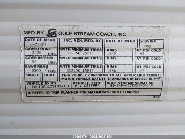 1998 Gulf Stream Trailer 197bh მანქანა იყიდება აუქციონზე, vin: 1NL10FM2XV1034110, აუქციონის ნომერი: 30099870