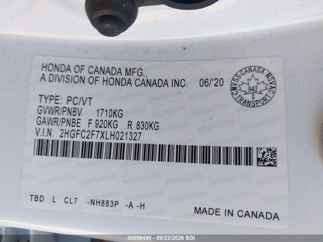 Honda CIVIC EX 2020 2HGFC2F7XLH021327 Image 9