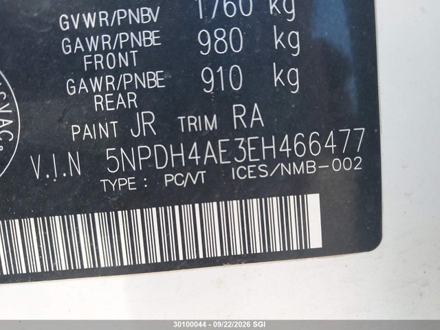 30100044 :رقم المزاد ، 5NPDH4AE3EH466477 vin ، 2014 Hyundai Elantra Se/sport/limited مزاد بيع