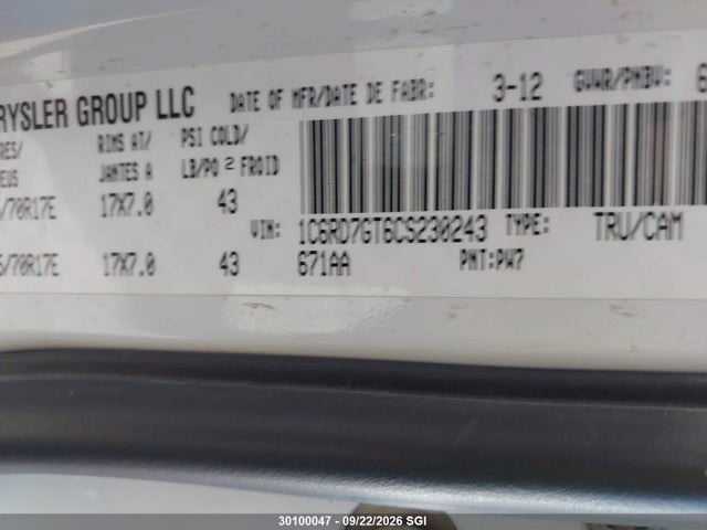 Aukcja sprzedaży 2012 Dodge Ram 1500 Slt, vin: 1C6RD7GT6CS230243, numer aukcji: 30100047