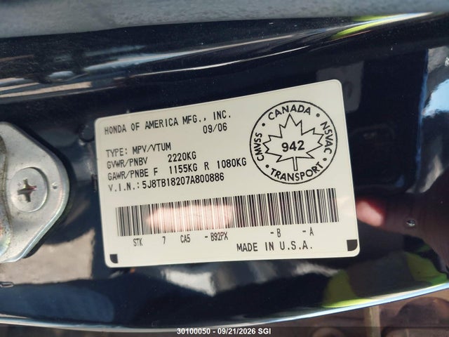 Продаж на аукціоні авто 2007 Acura Rdx, vin: 5J8TB18207A800886, номер лоту: 30100050