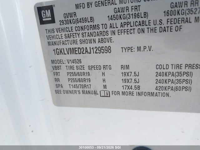 Auction sale of the 2010 Gmc Acadia Slt-1, vin: 1GKLVMED2AJ129598, lot number: 30100053